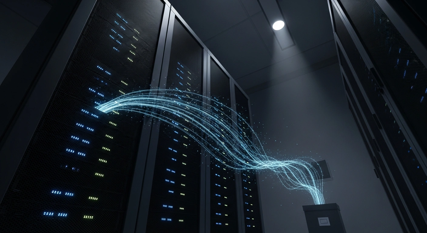 A towering data server rack with cold blue indicator lights and ethereal digital data streams converging towards a distant ballot box silhouette, representing the sharing of driver's license data by Florida, Indiana, Iowa, and Ohio with the Department of Homeland Security's SAVE program to identify alleged noncitizen voters.