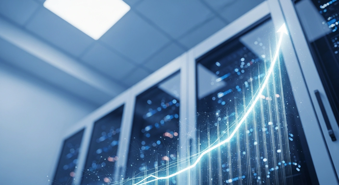 A photorealistic image depicts a holographic projection with upward-trending light trails in a modern data center, symbolizing the strong financial growth of Australian technology solutions leader Data#3 Limited, which reported increased gross sales, revenue, and net profit after tax in its 1H FY26 financial results.