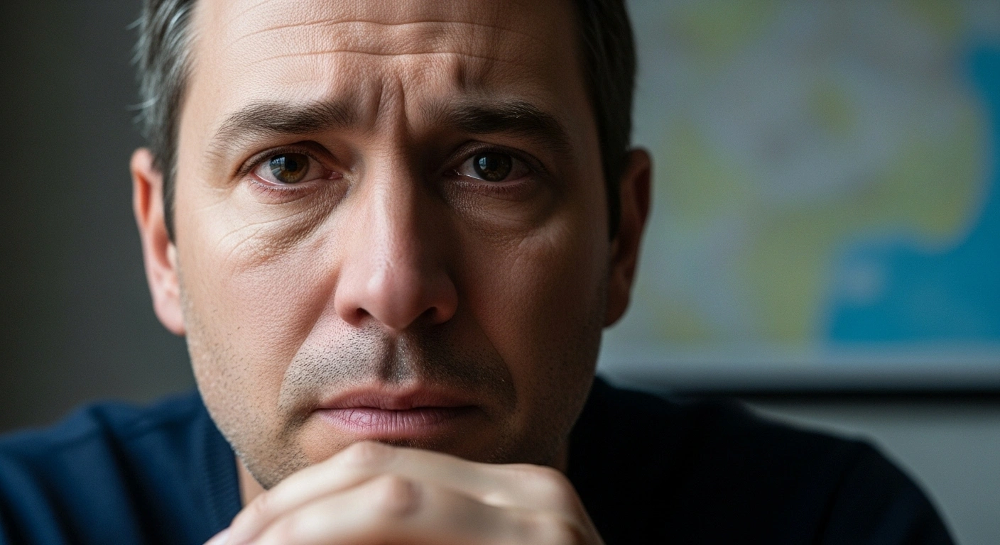 A close-up shot of a man's face, expressing profound sadness and a desperate plea, with a blurred background hinting at international distance and official documents, symbolizing Mark Whittaker's appeal for government assistance after his two-year-old daughter was allegedly abducted by Tegmina Agadzhanyan and taken to Russia, leading to an Ontario-wide arrest warrant.
