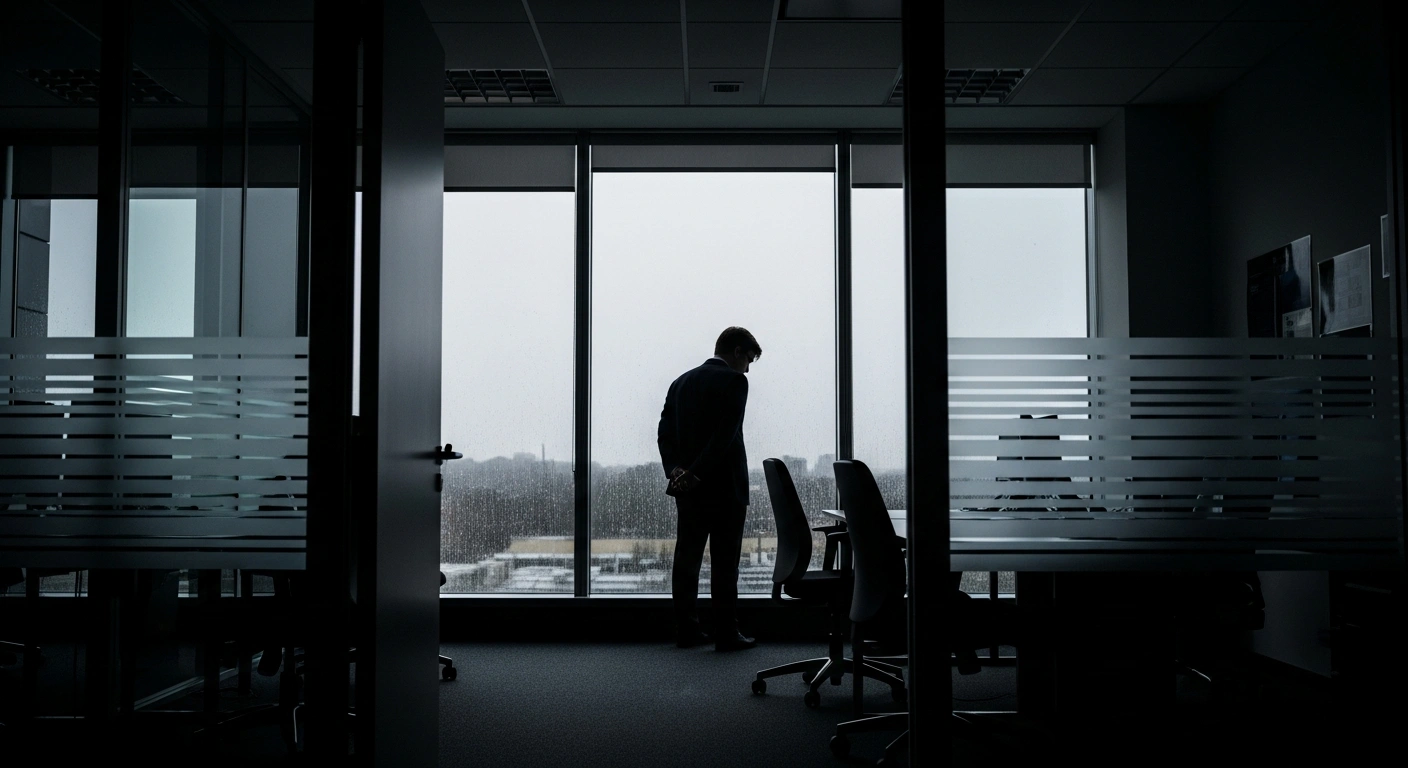 A solitary figure, representing David Richardson, stands with his back mostly to the camera by a rain-streaked office window in a dimly lit room, reflecting on his resignation as acting chief of FEMA following criticism over the July 2025 Texas floods.