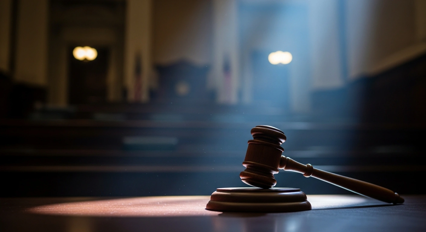 A wooden gavel sits on a dark desk in a courtroom, representing the federal charges against former Representative David Rivera for acting as an unregistered foreign agent.