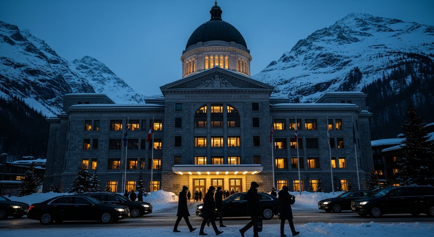 A wide, low-angle cinematic view of the Davos Congress Centre at twilight, set against snow-dusted mountains, with sleek black vehicles and silhouetted figures arriving for the World Economic Forum in Switzerland, where global figures like U.S. President Donald Trump and former Canadian Prime Minister Justin Trudeau will engage in high-level discussions.