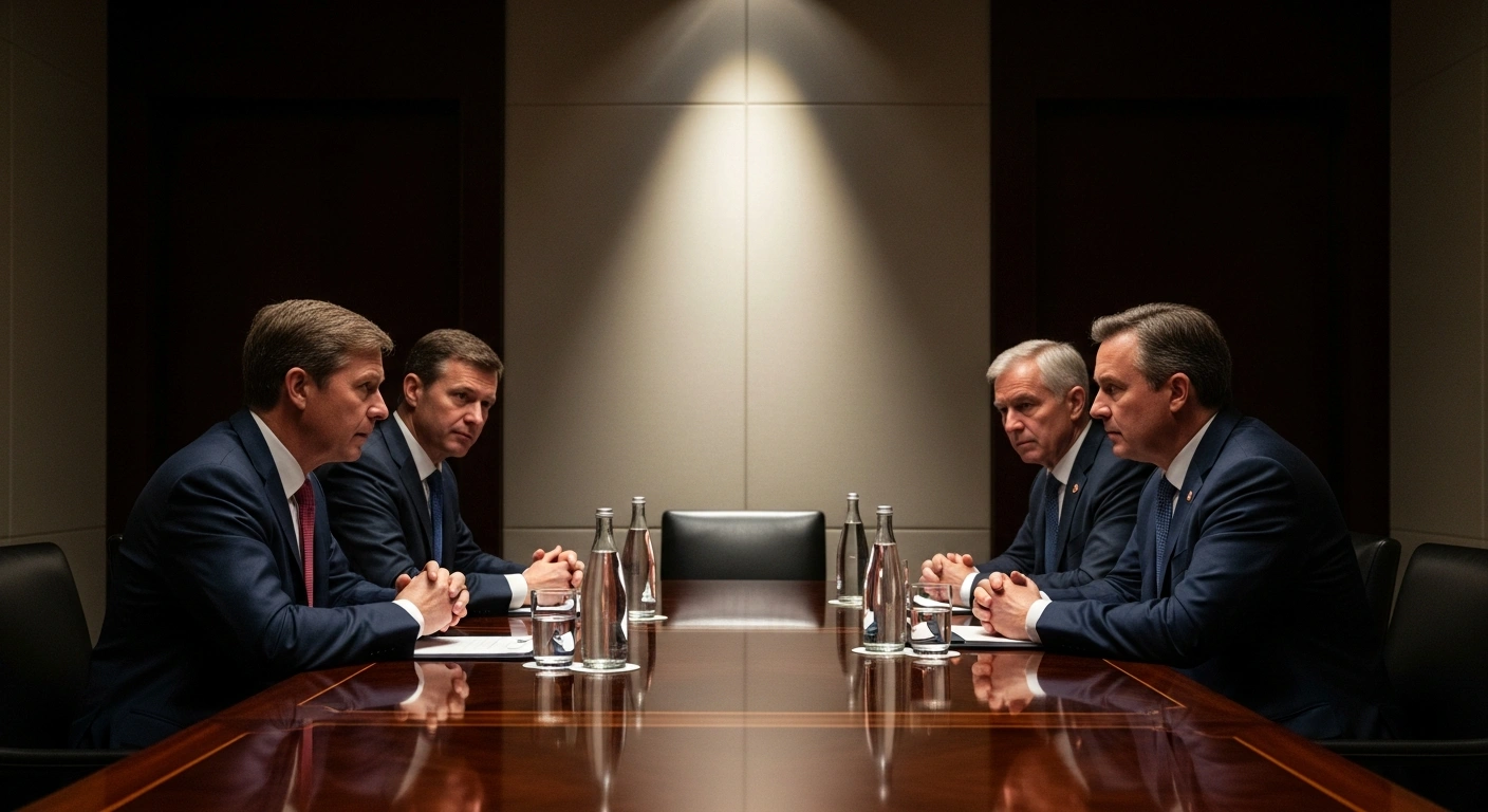 Kremlin envoy Kirill Dmitriev, US special envoy Steve Witkoff, and Jared Kushner are depicted in a formal, private meeting at the World Economic Forum in Davos, engaging in backchannel diplomacy to discuss a US peace plan aimed at ending the war in Ukraine.