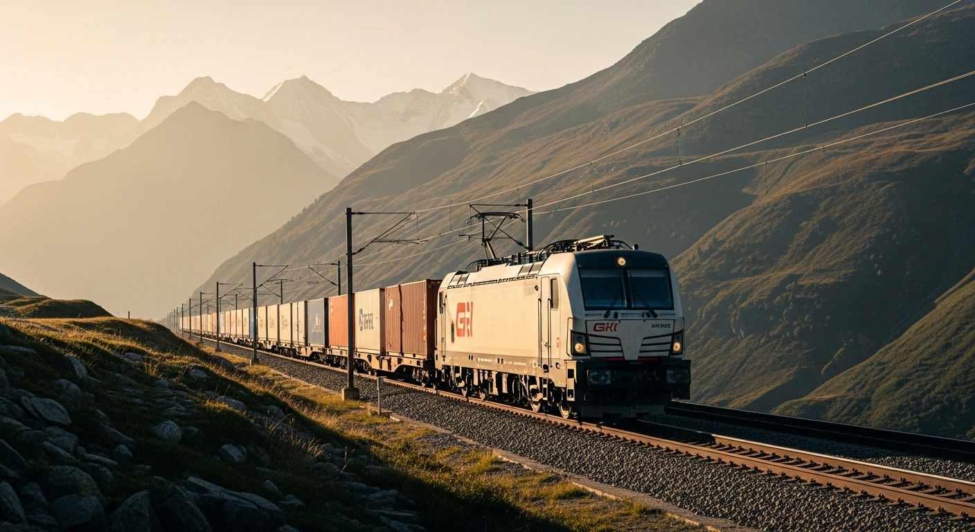 A modern DB Cargo freight train travels through an Alpine landscape to represent the expanded Italy Shuttle multimodal transport service.