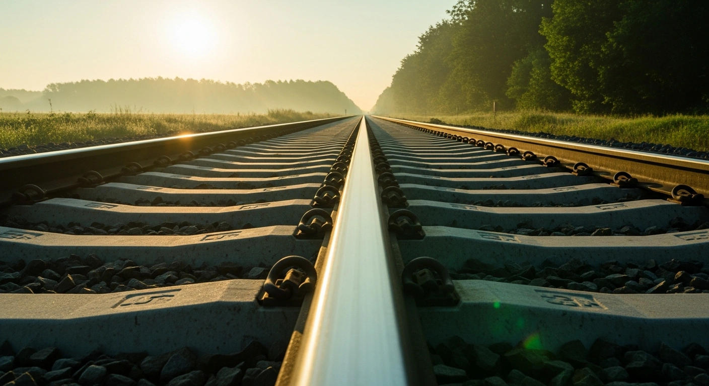 A newly laid section of green steel railway track, subtly gleaming under the golden light of dawn, cuts through a verdant German landscape, representing Deutsche Bahn's sustainable rail infrastructure initiative.