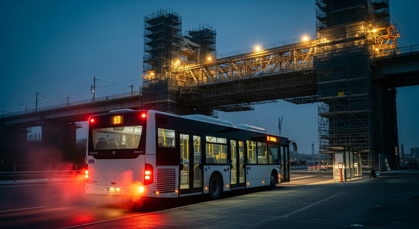 A modern bus idles at a temporary stop in the pre-dawn cold, with a large railway bridge under construction visible in the background, illustrating the rail replacement services and schedule deviations caused by DB InfraGO AG's bridge and overhead line work in the Chiemgau-Inntal network, affecting routes like Munich-Salzburg/Kufstein.