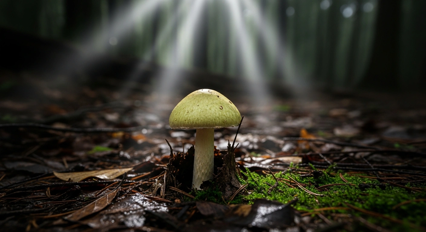 A close-up, low-angle shot of a pale green-yellow Death Cap mushroom emerging from decaying leaves and moss in a damp Californian forest, symbolizing the toxic fungi responsible for recent poisonings and urgent public health warnings.