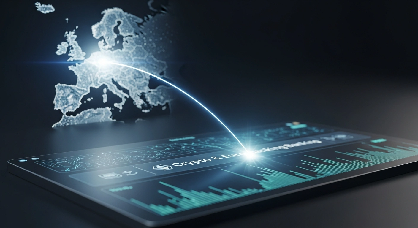 A high-angle view of a glowing, minimalist digital interface representing Deblock's unified euro and crypto banking platform, with a subtly illuminated map of Europe in the background showing expansion from France towards Germany, symbolizing its €30 million Series A funding and growth to over 300,000 users.