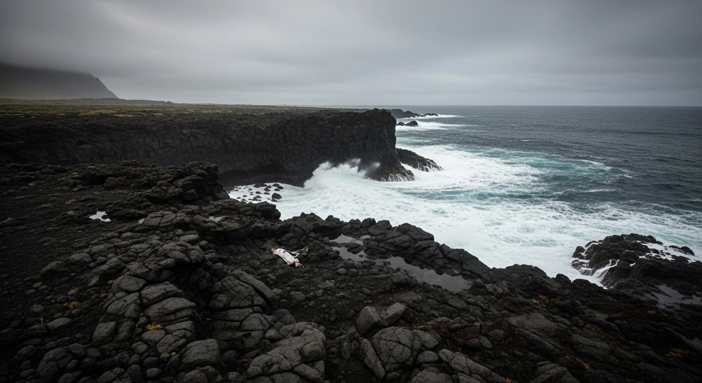 A wide, elevated view captures a rugged, volcanic coastline under an overcast sky, featuring sharp, dark rocks and frothing ocean waves, where a small, indistinct form lies partially obscured, symbolizing the discovery of a decomposed body near Bananier beach in Capesterre-Belle-Eau, Guadeloupe, subsequently recovered by the nautical brigade of the gendarmerie from a difficult-to-access location.