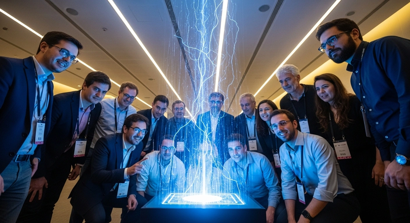 A diverse group of scientists, investors, and entrepreneurs are intently observing a glowing holographic projection, representing the disruptive technologies and high-impact solutions discussed at the Deep Tech Summit, a major Latin American event for scientific and technological innovation held at Complexo Inova USP in São Paulo.
