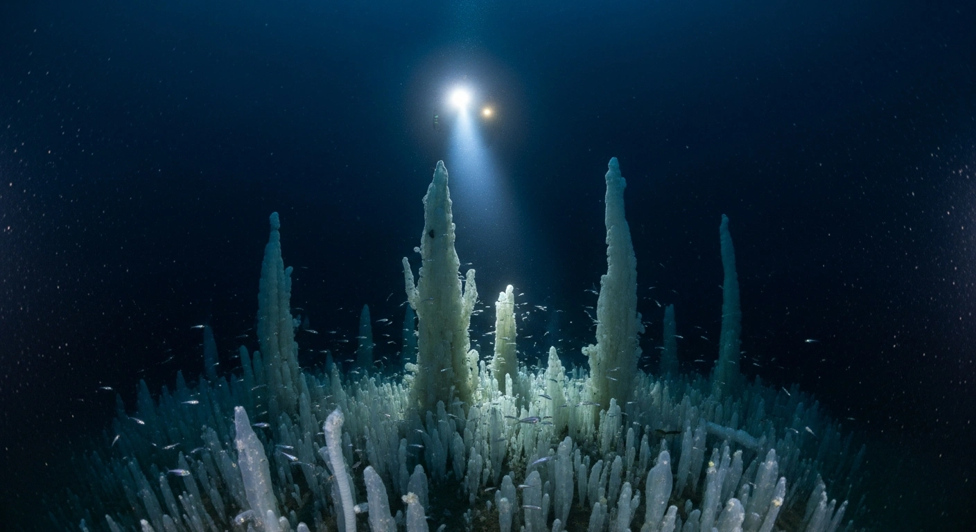 A deep-sea cold seep, illuminated by a submersible's light, showcases diverse bioluminescent life forms thriving around gas hydrate mounds at extreme depths off Greenland, representing the Freya Hydrate Mounds.