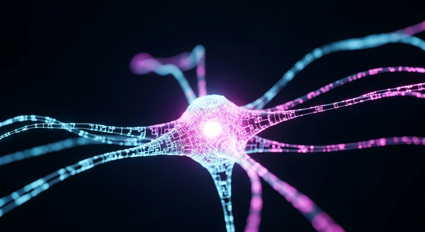 A glowing, complex neural network visualization represents the high-performance artificial intelligence model released by the Beijing-based startup DeepSeek.