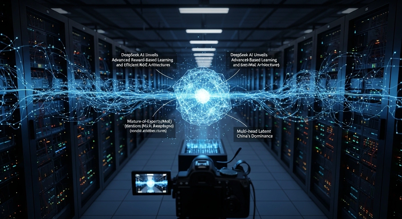 A futuristic server room with a central holographic projection of a complex, blue-lit neural network, symbolizing DeepSeek's advanced AI models and their novel reward-based learning approach, surrounded by glowing data streams connecting to multiple processing units representing Mixture-of-Experts (MoE) and Multi-head Latent Attention (MLA) architectures, showcasing their efficient open-source AI.