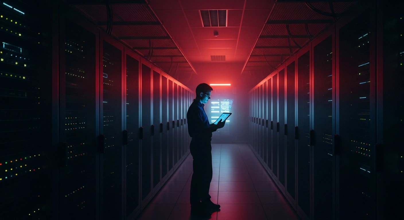 A technician investigates a server room outage at the DeepSeek artificial intelligence platform during a major service disruption.