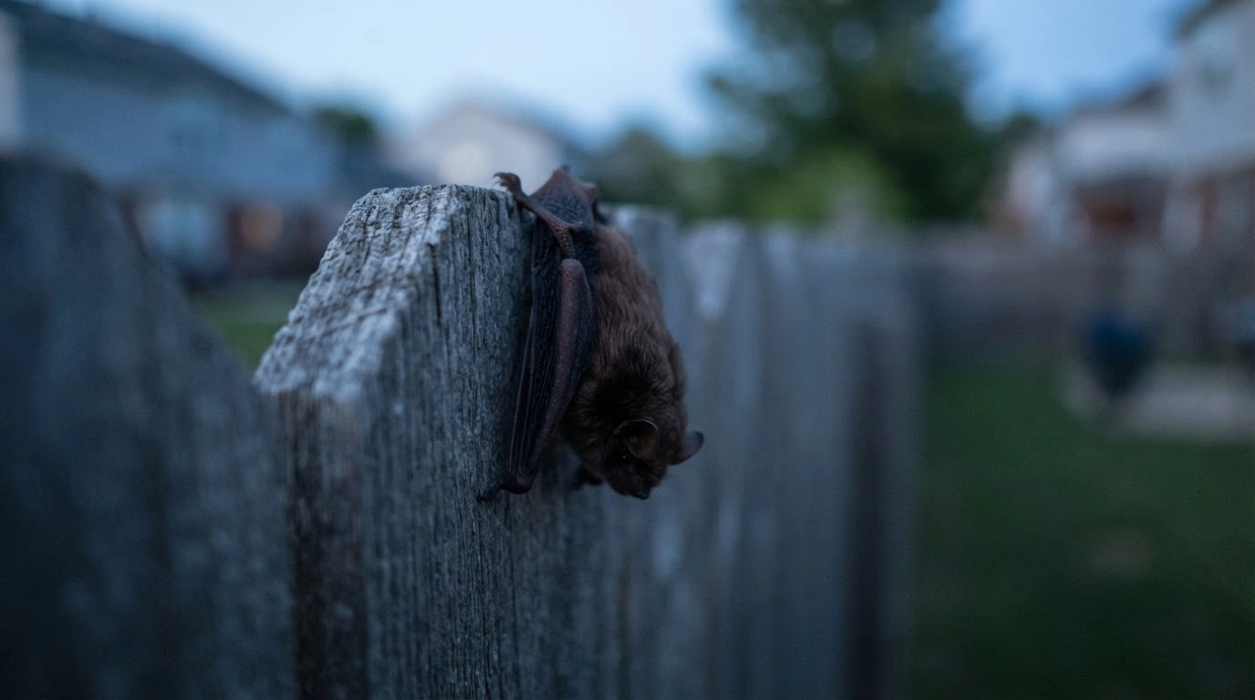 A bat rests on a wooden fence at dusk, representing the rabies health alert issued by DeKalb County officials.