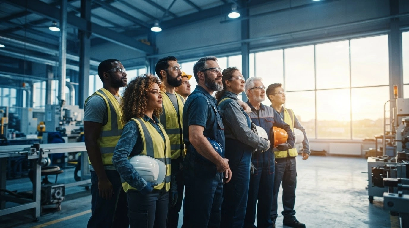 A diverse group of factory workers stands together in a modern workplace, representing the new Delaware law that bans mandatory captive audience meetings for union organizing.