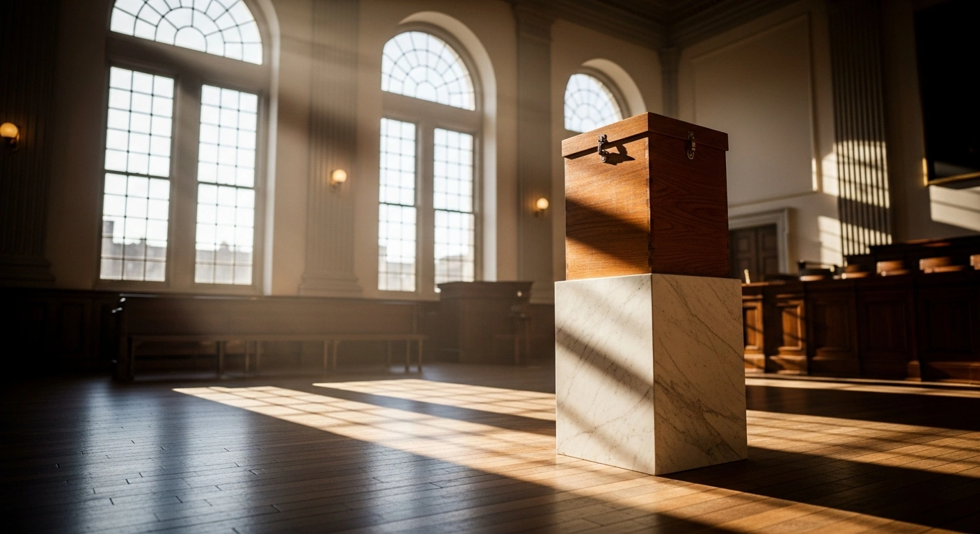 A wooden ballot box sits in a sunlit courtroom, representing the federal appeals court ruling that upheld Delaware's election transparency and donor disclosure laws.