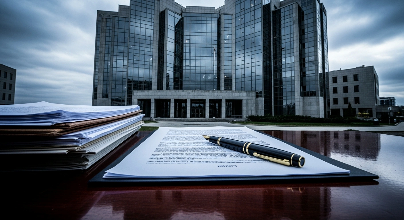 A legal document sits on a desk in front of a government building as Delaware Attorney General Kathy Jennings joins a coalition to challenge the EPA over hydrofluorocarbon regulations.