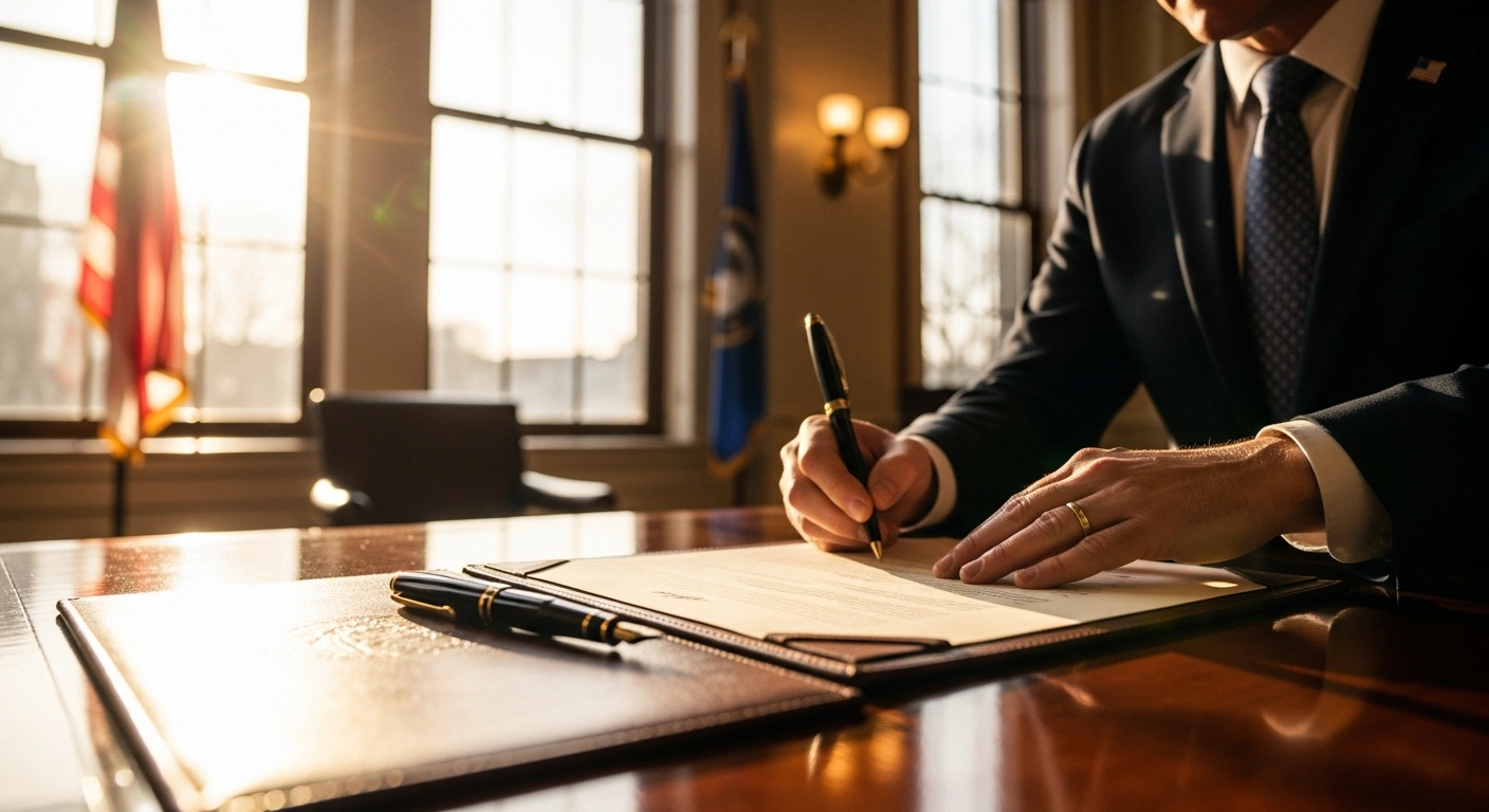 A fountain pen rests on a document on a desk in a government office, representing the signing of the Delaware John Lewis Voting Rights Act.