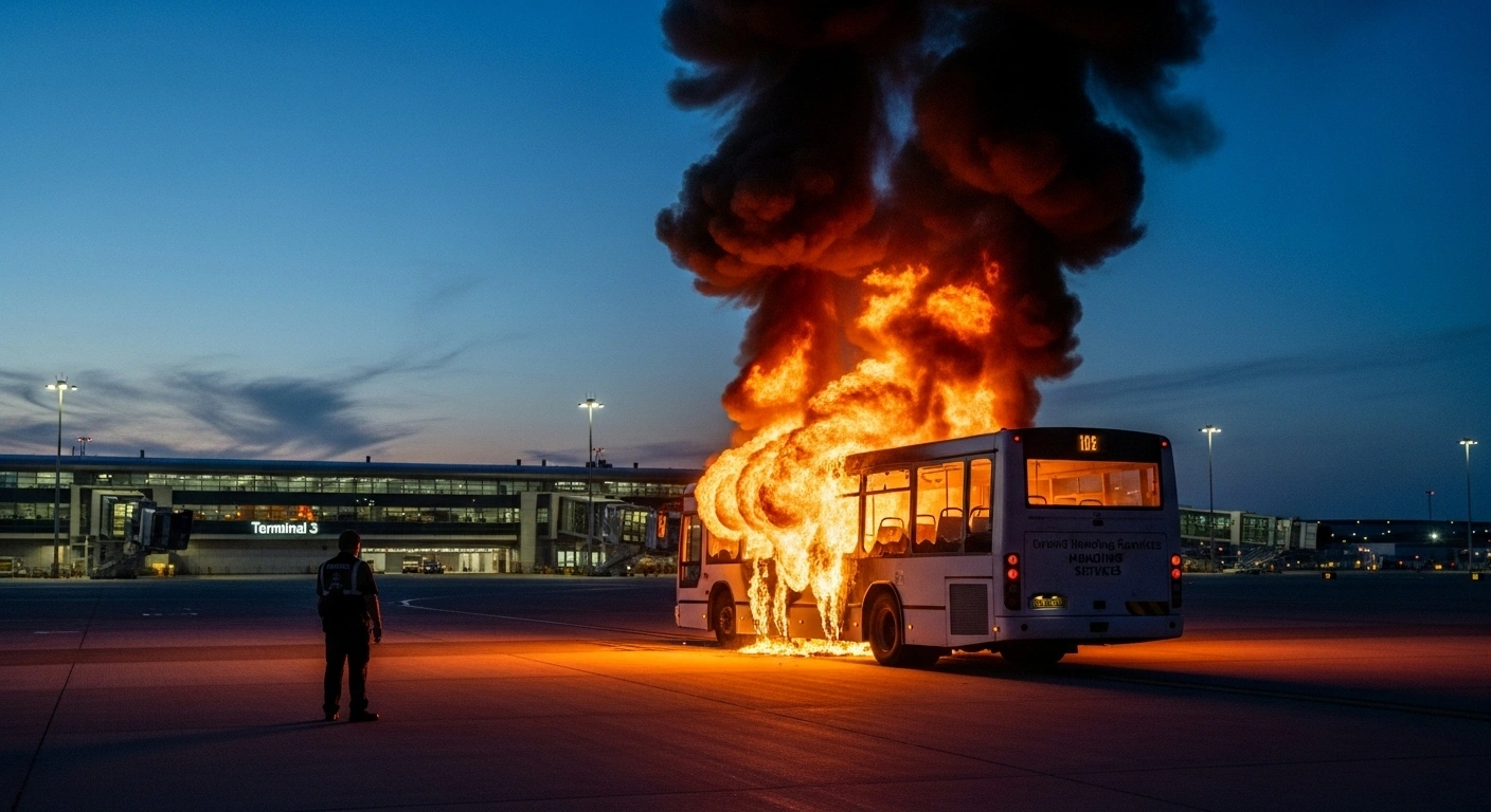 An AISATS ground handling services bus is engulfed in flames on the tarmac at Delhi Airport's Terminal 3, with smoke rising into the twilight sky, while the driver stands safely nearby, reflecting the incident on October 28, 2025.