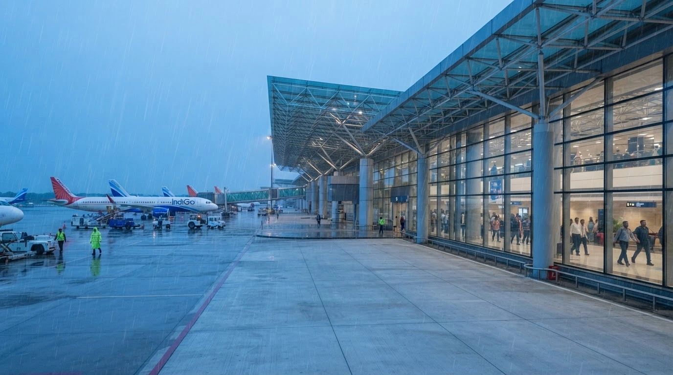 A wide-angle view of the Delhi International Airport terminal operating normally during a monsoon rainstorm.