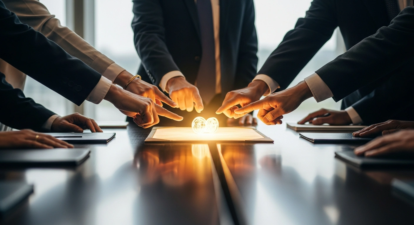 A diverse group of hands from various nations reaching towards a glowing symbolic document on a conference table, representing the unanimous adoption of the Delhi Declaration 2026 by over 40 Election Management Bodies at the International Conference on Democracy and Election Management in New Delhi.