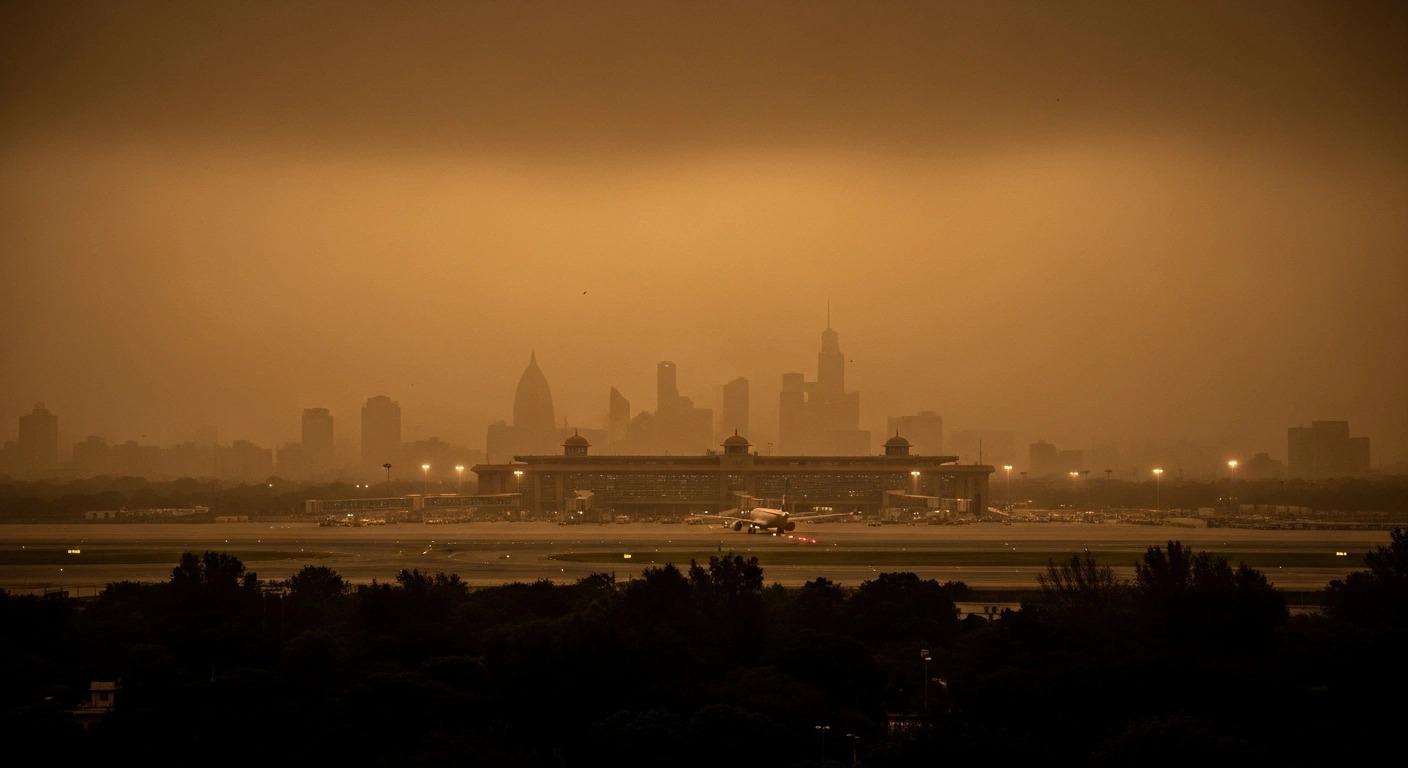 A severe dust storm reduces visibility at Indira Gandhi International Airport in Delhi, causing major disruptions to flight operations.
