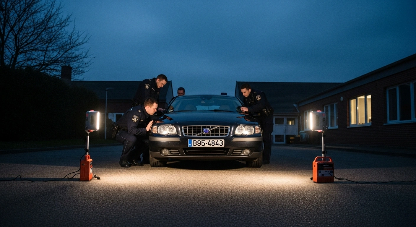 Uniformed police officers inspect a dark Volvo sedan with forged diplomatic plates under floodlights, symbolizing the ongoing investigation into molestation accusations against self-styled godman Swami Chaitanyananda Saraswati by 17 women students from the Sri Sharda Institute of Indian Management, who remains absconding.