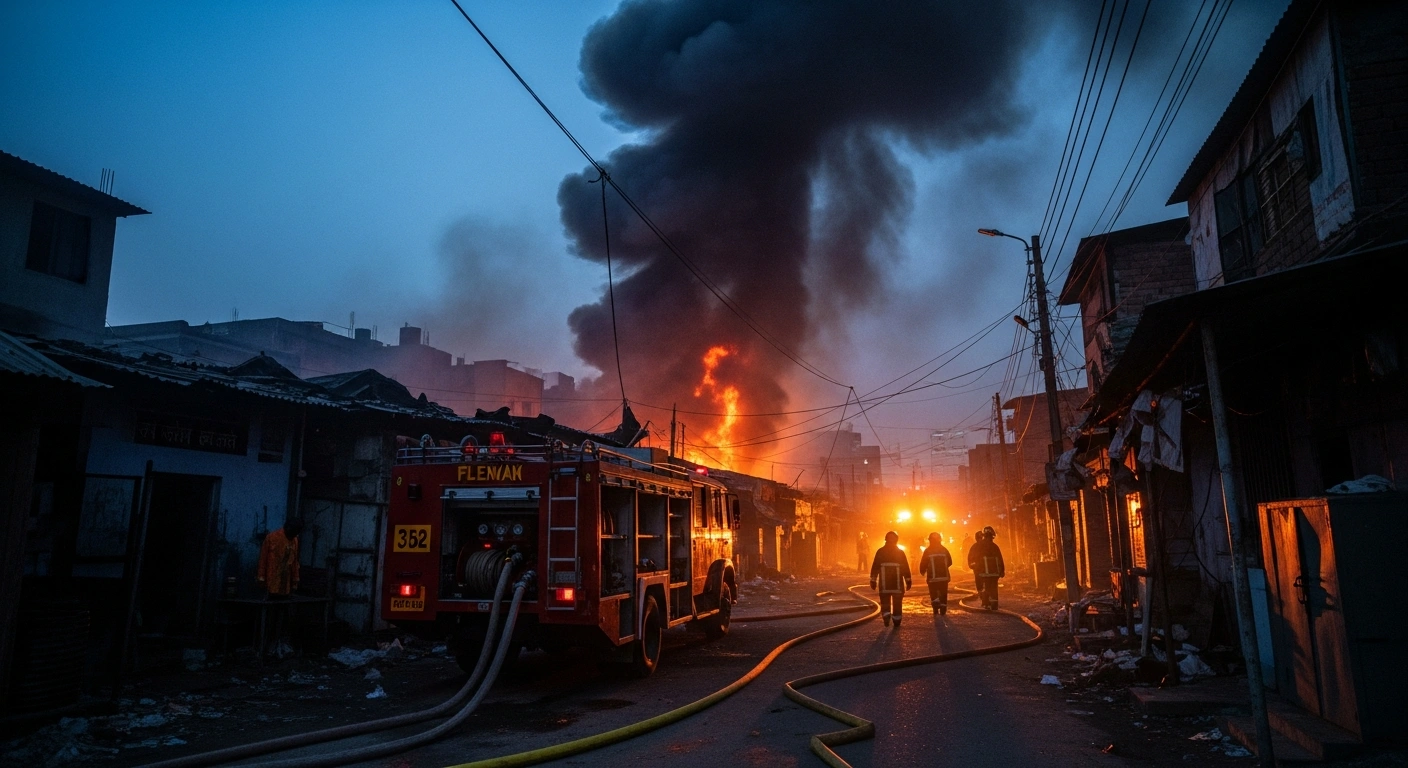 Firefighters work to extinguish a large blaze at a labour settlement in Delhi after an electrical panel malfunction.