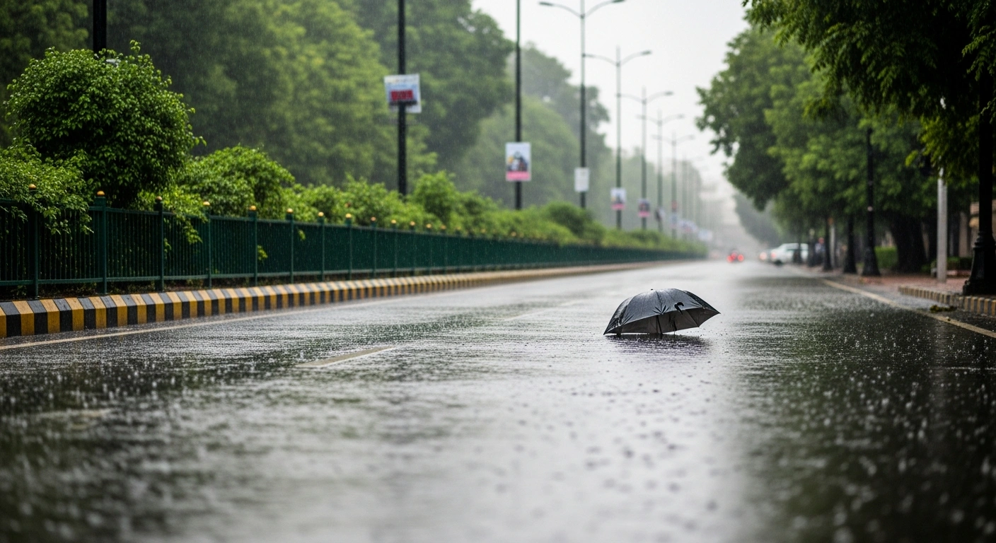 Rain falls on a street in Delhi during the monsoon season, providing relief from humidity and improving air quality.