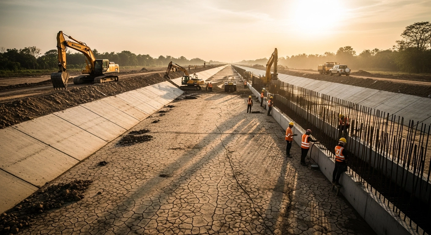 Construction workers and heavy machinery prepare to build a flood protection wall along the Mungeshpur drain in Delhi to prevent monsoon flooding.