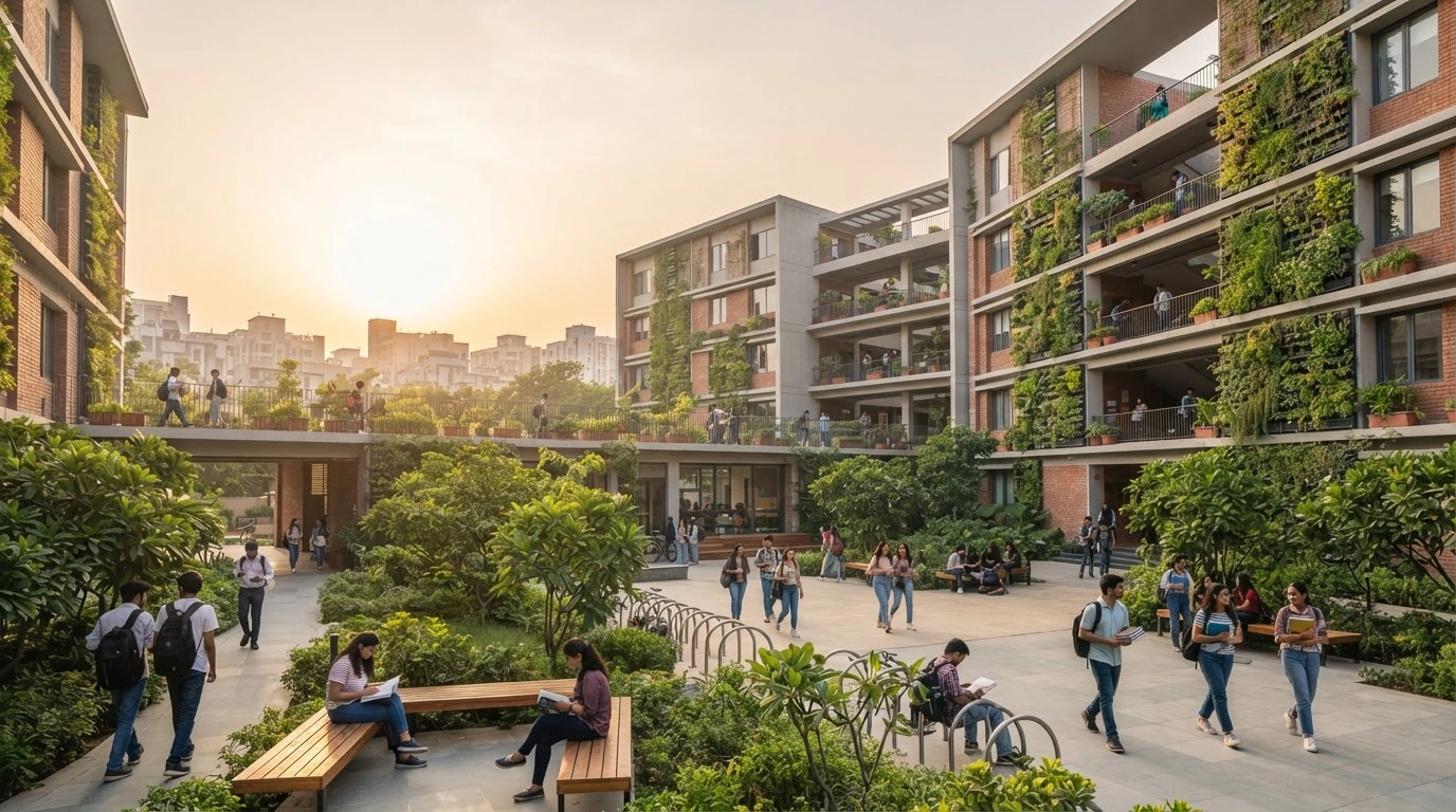 A modern student hostel complex in Delhi designed to provide affordable and accessible housing for thousands of students.