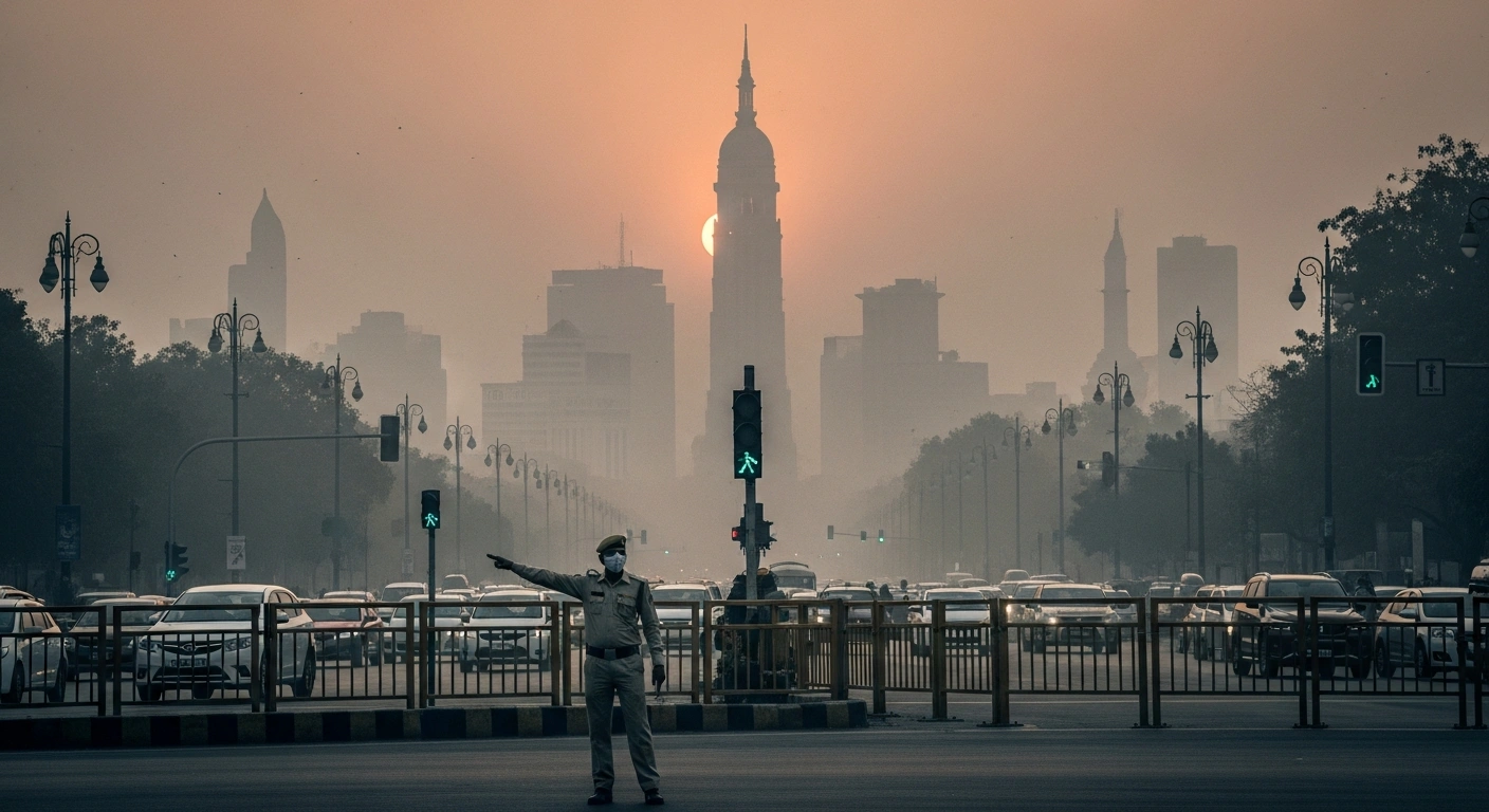 A traffic officer wearing a face mask stands in a smog-filled intersection in Delhi as the city implements anti-pollution measures under the Graded Response Action Plan.