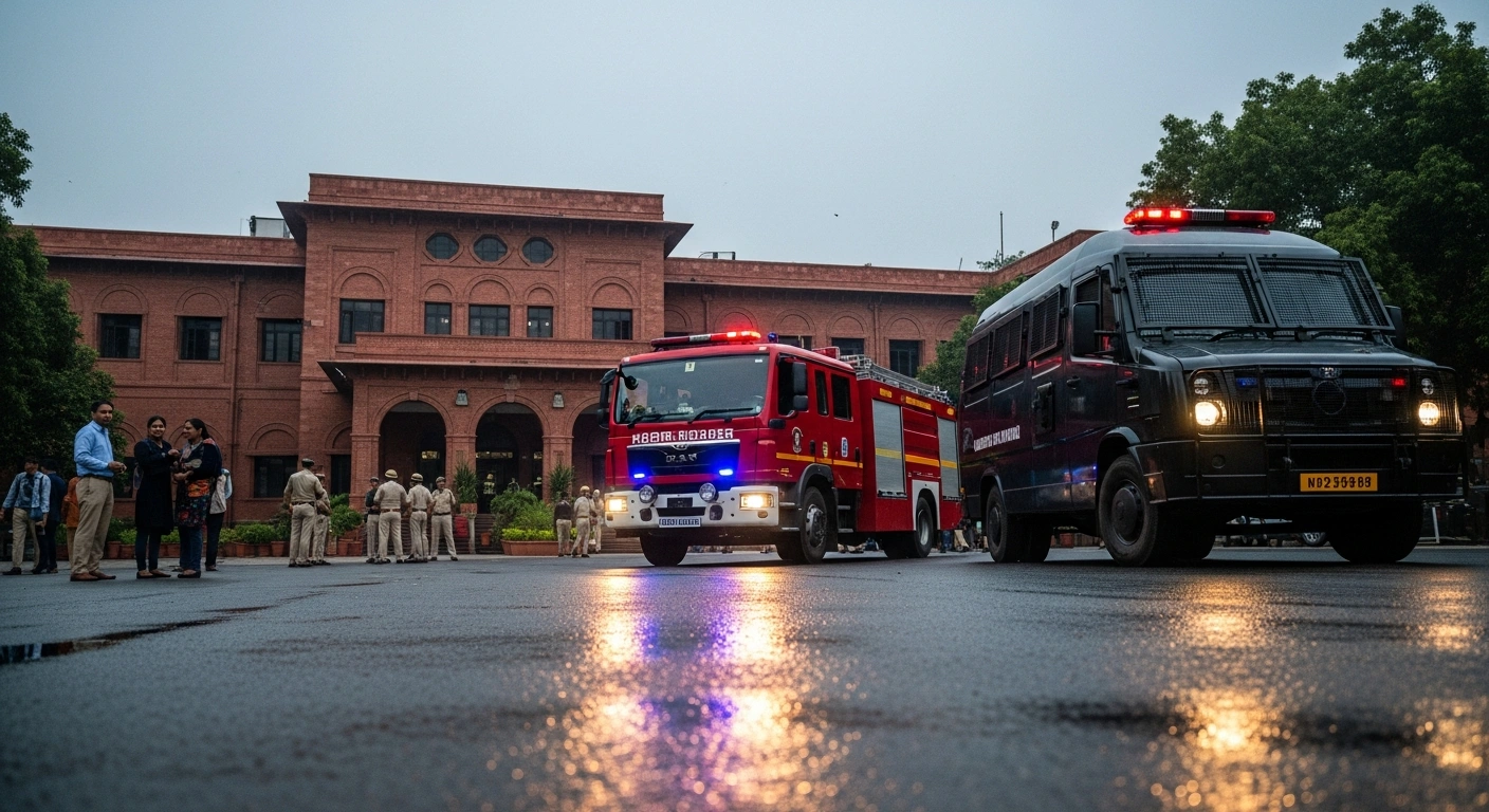 Emergency vehicles, including a fire truck and a bomb squad van, are parked outside a school in Delhi following an evacuation due to bomb threats, which were later declared hoaxes.