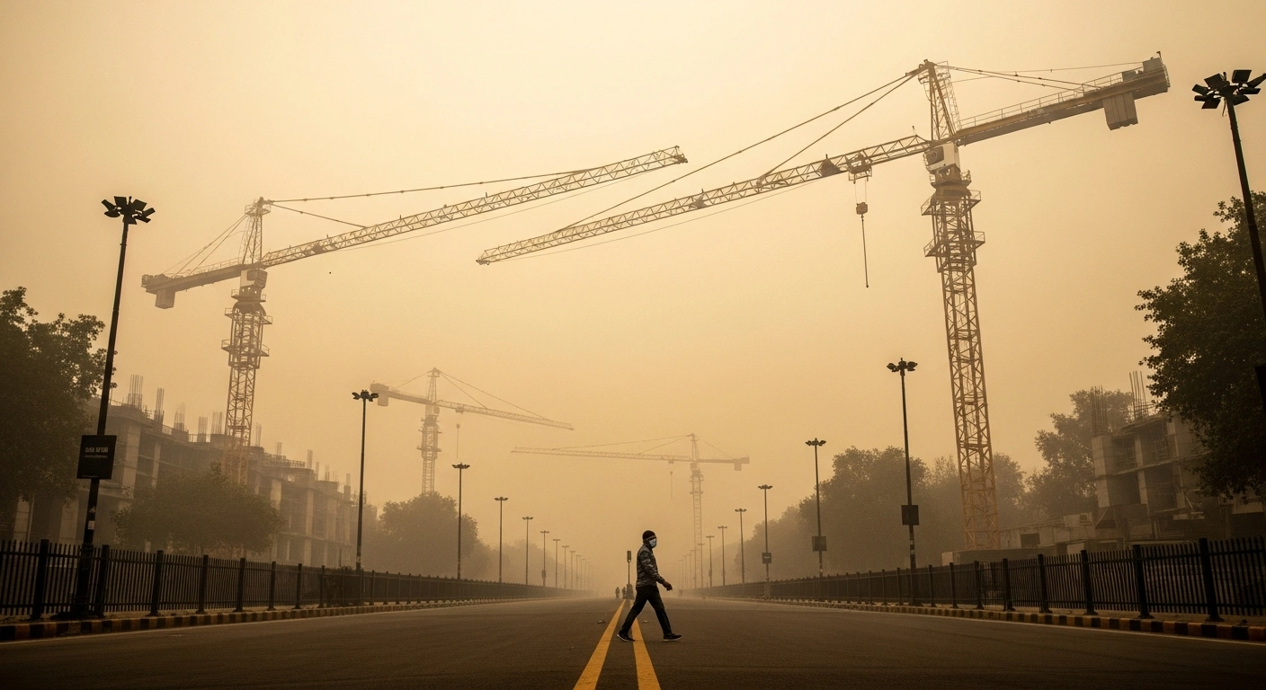 A desolate Delhi street shrouded in thick, ochre-tinged smog, with motionless construction cranes silhouetted against the haze and a lone masked figure walking, illustrating the severe air quality and the impact of reinstated GRAP-3 anti-pollution measures in Delhi.