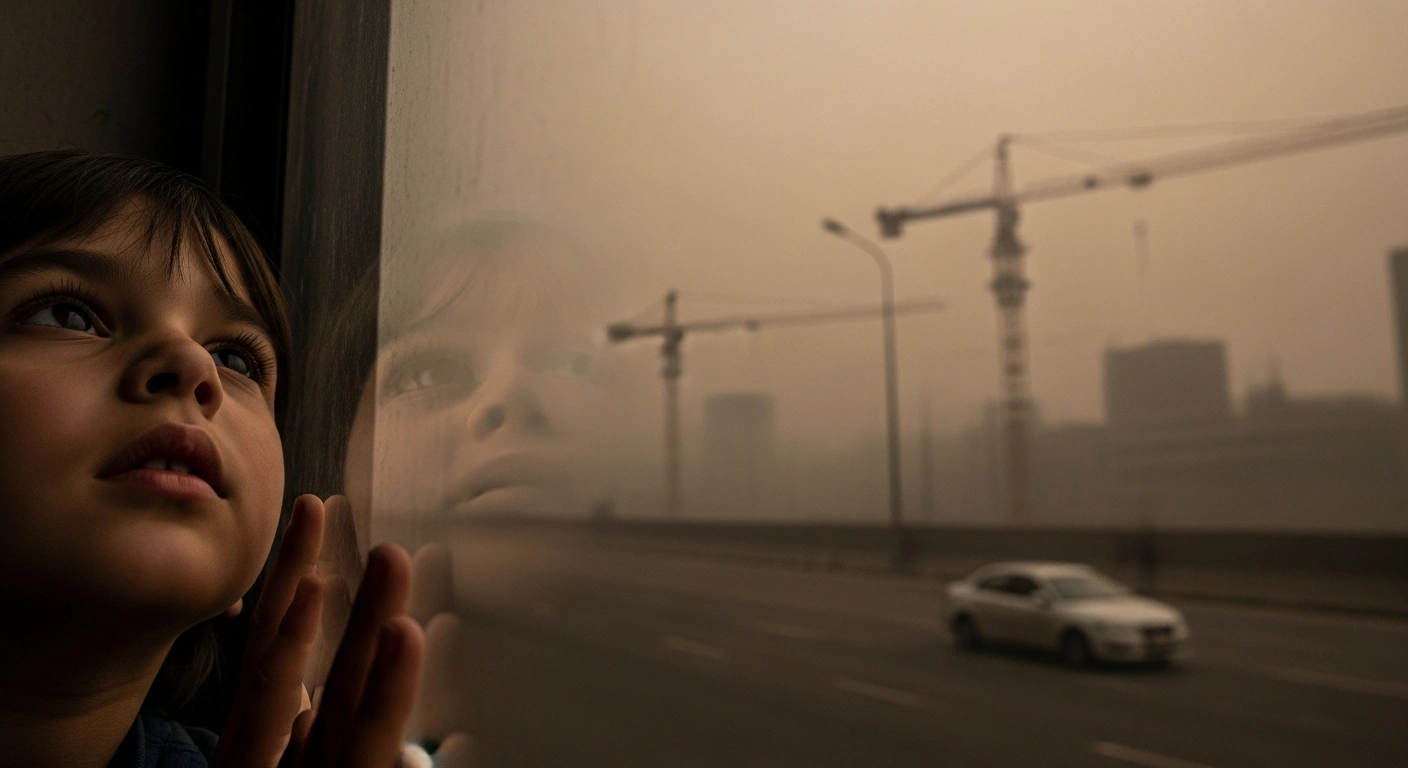 A young child looks out a window at a severely smoggy Delhi street, where halted construction cranes and a lone vehicle are barely visible through the thick, oppressive haze, illustrating the city's 'severe' air quality and the impact of GRAP-3 curbs.