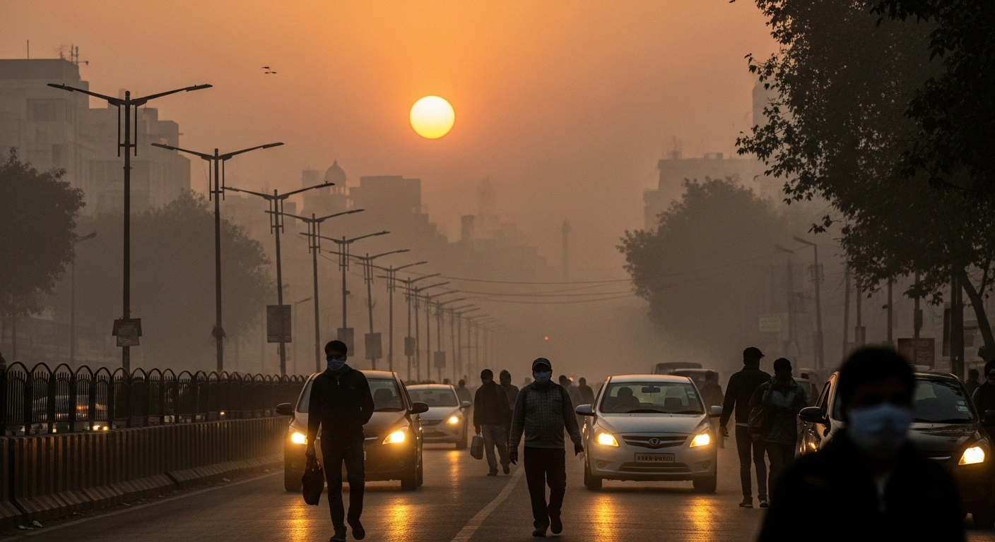 A wide, low-angle shot of a bustling Delhi street at dawn, enveloped in a thick, orange-tinged toxic smog, with vehicle headlights cutting through the haze and masked commuters visible, illustrating the city's severe Air Quality Index and health concerns.