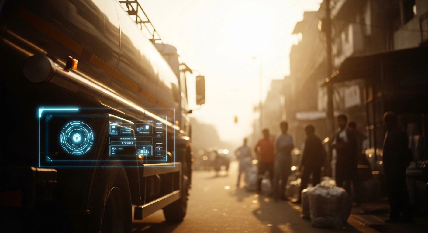 A water tanker truck drives through a Delhi street while a digital interface displays real-time GPS tracking data for water distribution.