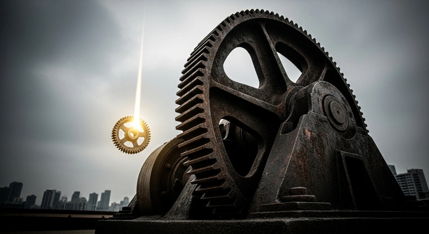 A large, rusted industrial gear is barely turning, symbolizing Deloitte Canada's projection of decelerating economic growth to 1.5% in 2026 from 1.7% in 2025, amidst trade disputes, U.S. tariffs, and soft investment, while a small, pristine cog illuminated by a ray of light suggests potential for momentum in late 2026.