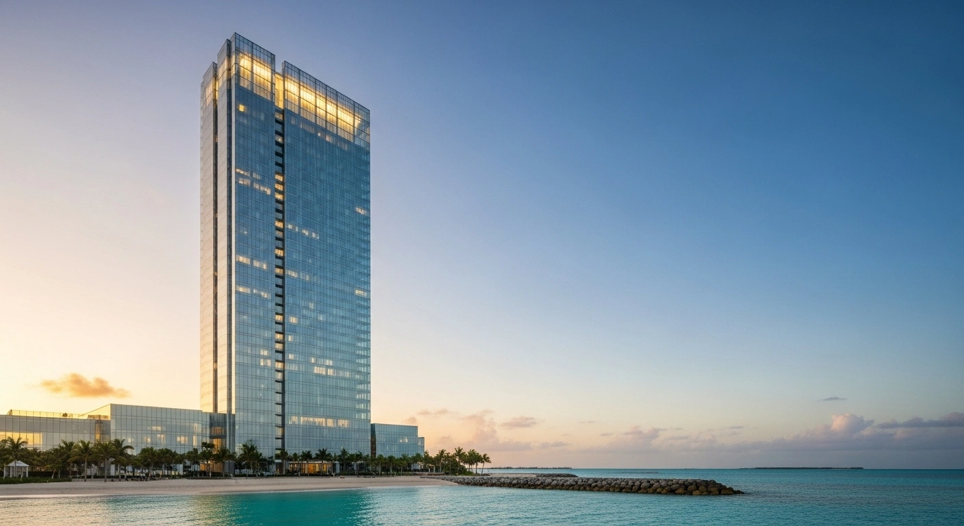 A sleek, modern glass skyscraper, representing Deloitte's expanded Legal Entity Management practice and new business process solutions, stands prominently on the tropical coastline of the Cayman Islands, symbolizing its strategic role in global financial services and support for investment managers navigating complex regulatory landscapes.