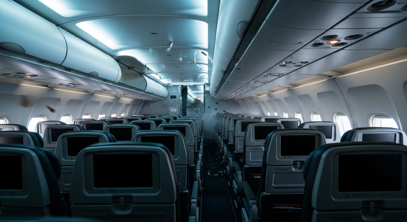 The interior of a Delta Air Lines cabin showing signs of severe turbulence during a flight approaching Sydney.