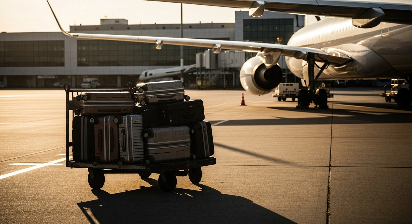 A stack of suitcases sits on a baggage cart at an airport as Delta Air Lines increases checked baggage fees for domestic flights.