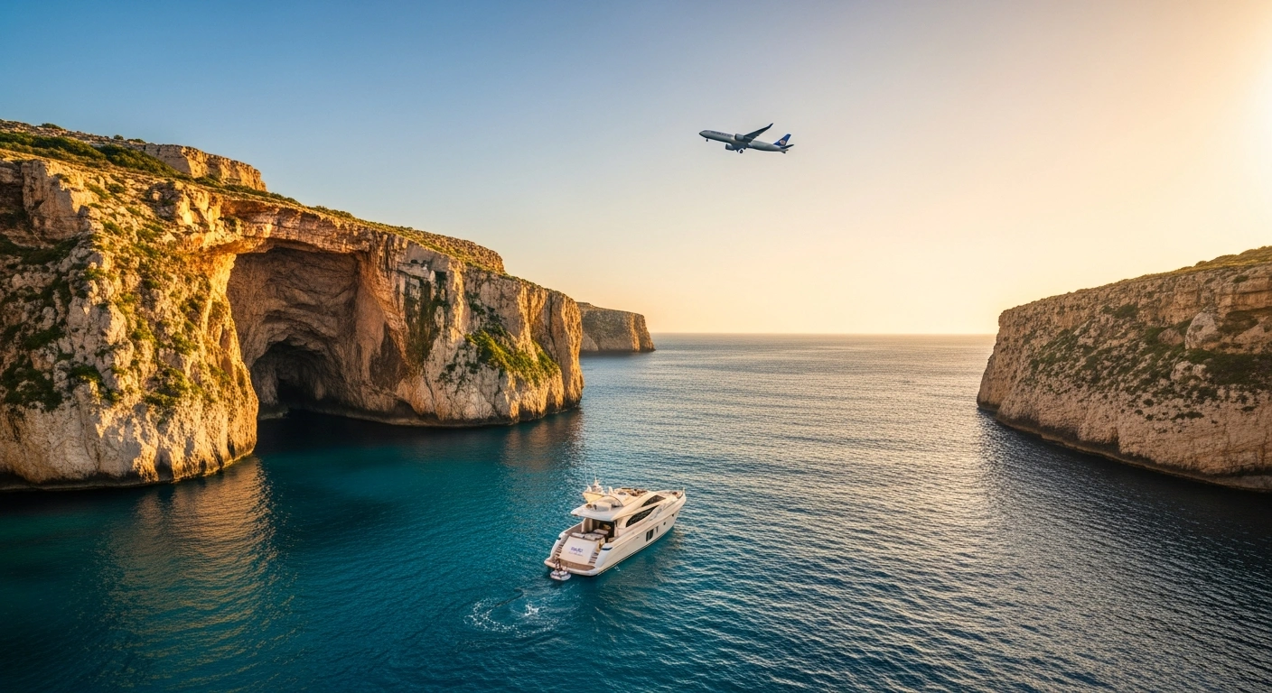 A luxurious yacht sails past the illuminated Blue Grotto in Malta at sunset, with a distant airplane symbolizing Delta Air Lines' new nonstop service from New York-JFK, promoting U.S. tourism and Delta Vacations' inaugural program.