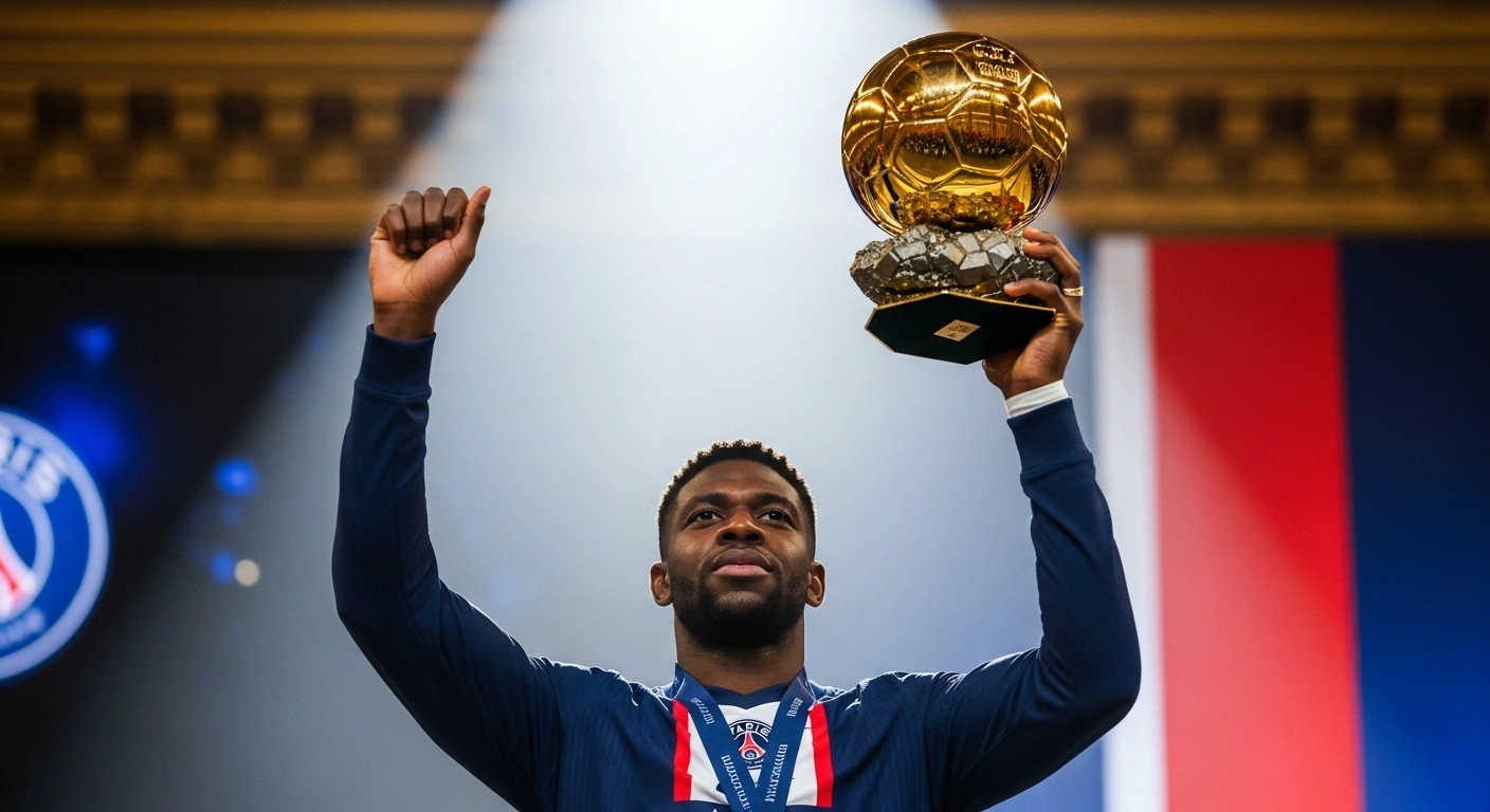 French forward Ousmane Dembélé, representing Paris Saint-Germain, is depicted holding the prestigious Ballon d'Or trophy aloft under a golden spotlight in a grand Parisian ceremony, celebrating his exceptional 2024-2025 season which included a UEFA Champions League title and a domestic treble.
