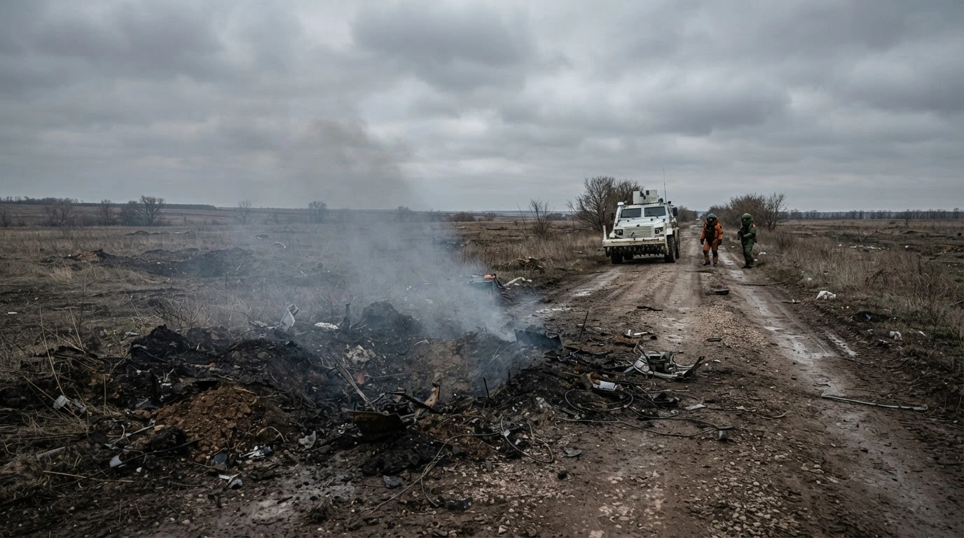 A desolate dirt road in the Kherson region shows the aftermath of a demining accident involving unexploded ordnance.