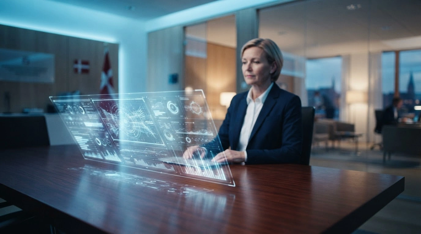 A holographic data interface glows in a modern Danish government office to represent the integration of artificial intelligence into public administration.