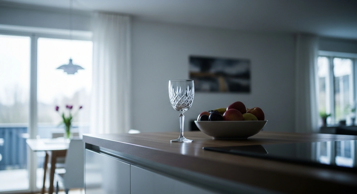 An empty wine glass sits on a kitchen counter in a modern Danish home, representing the decline in retail alcohol consumption in Denmark.