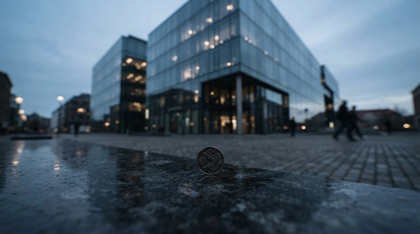 A symbolic representation of declining bank deposits in Denmark shown through a solitary coin on a reflective surface outside a modern financial building.