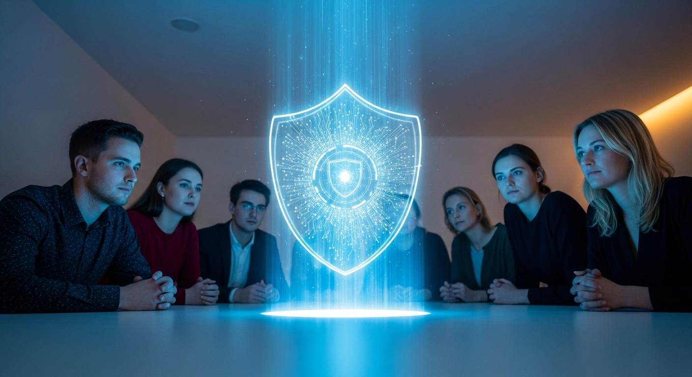 A group of professionals in a modern Danish setting are gathered around a glowing holographic projection of a digital shield, symbolizing Denmark's National Coordination Center for Cybersecurity (NCC-DK) grant pool supporting innovative solutions for Danish SMEs.