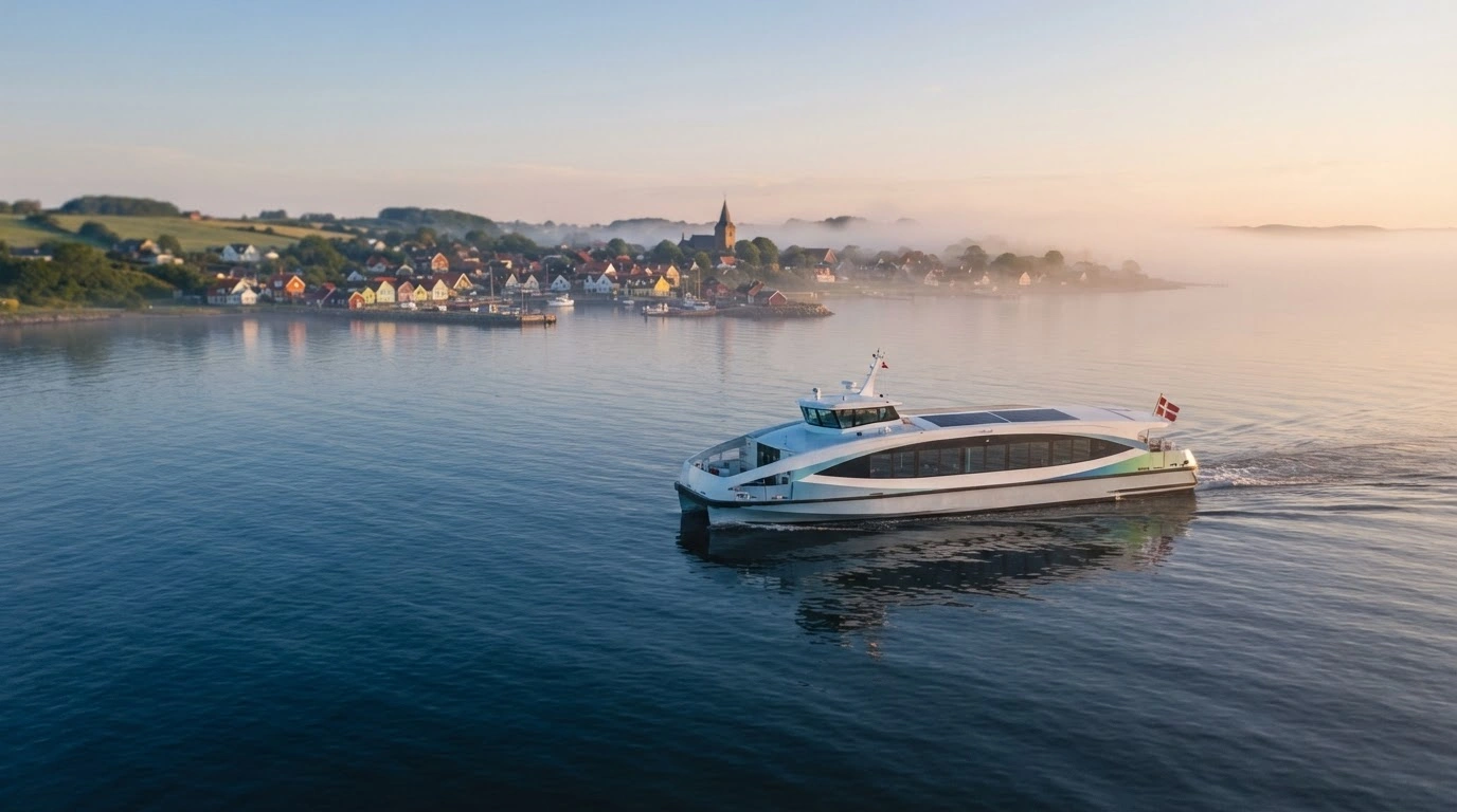 A modern battery-electric ferry travels across calm coastal waters as part of a sustainable maritime transport initiative in Denmark.